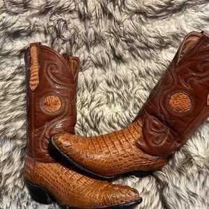 Men's Two-Tone Brown Exotic Caiman & Leather Western Cowboy Boots Sz 7